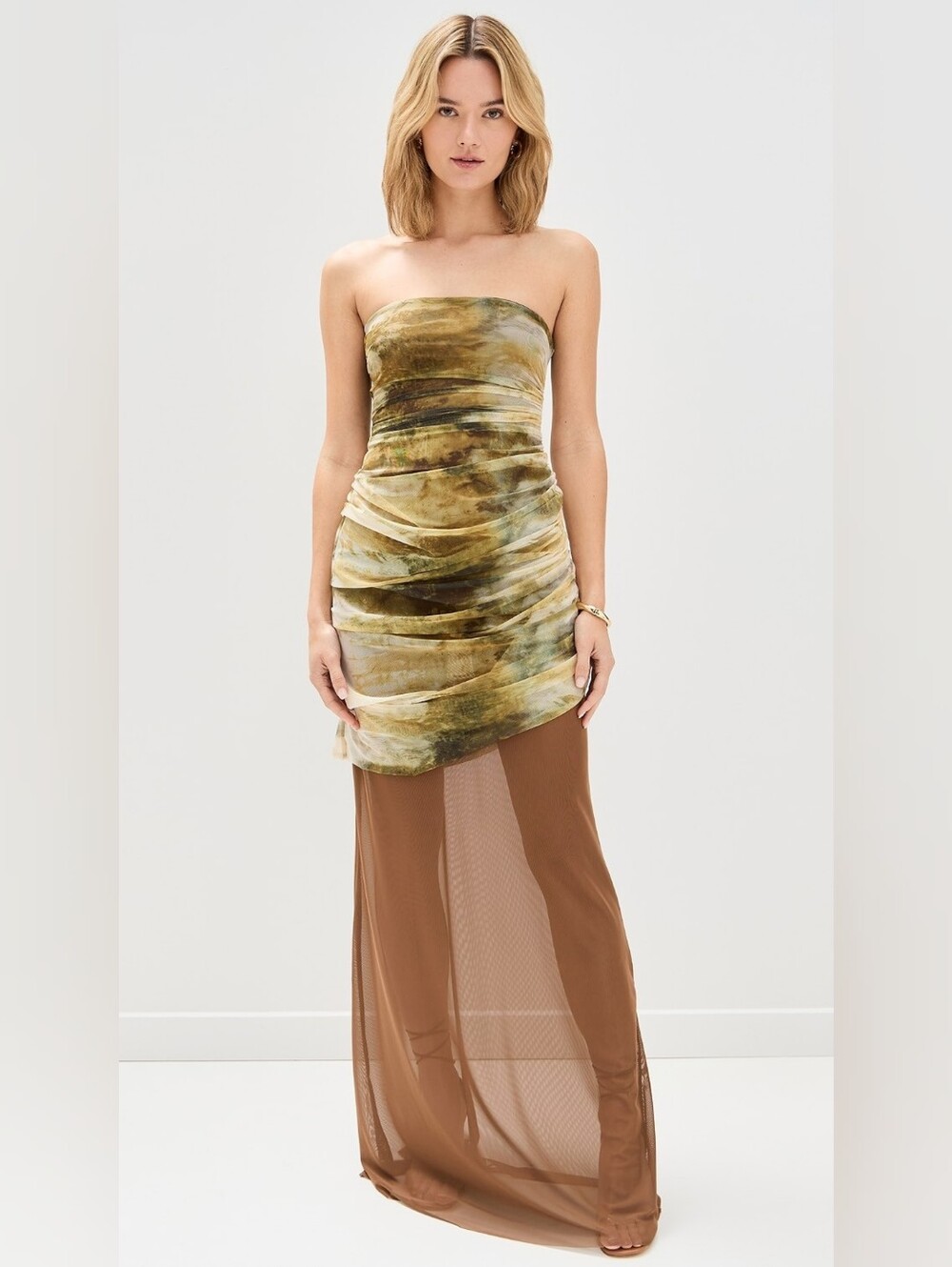 NWT JBQ Miller Strapless Ruched Two-Tone Maxi Dress in Vineyard Green